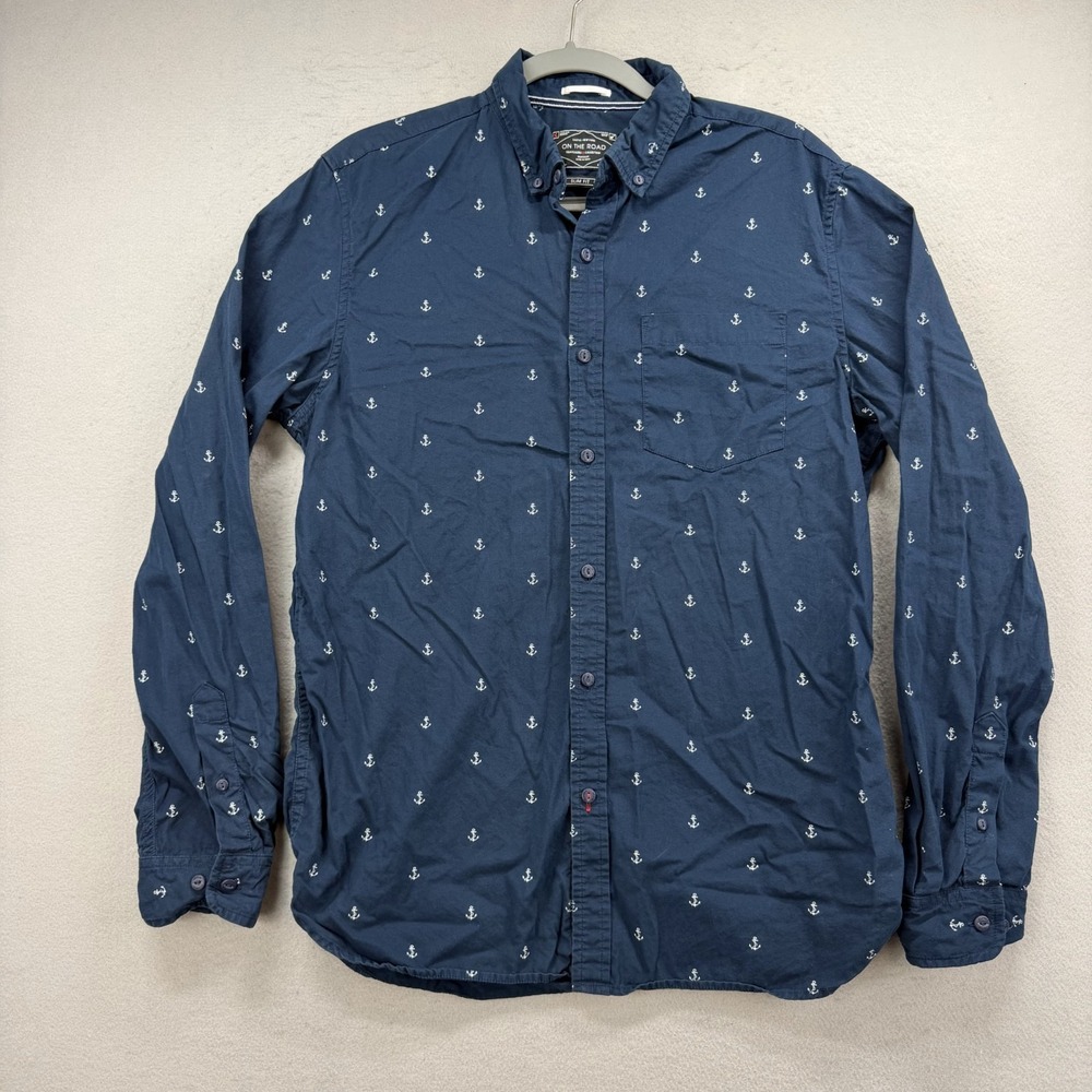 On The Road New York Shirt Mens Large Blue Anchor AOP Slim Fit Oxford Nautical